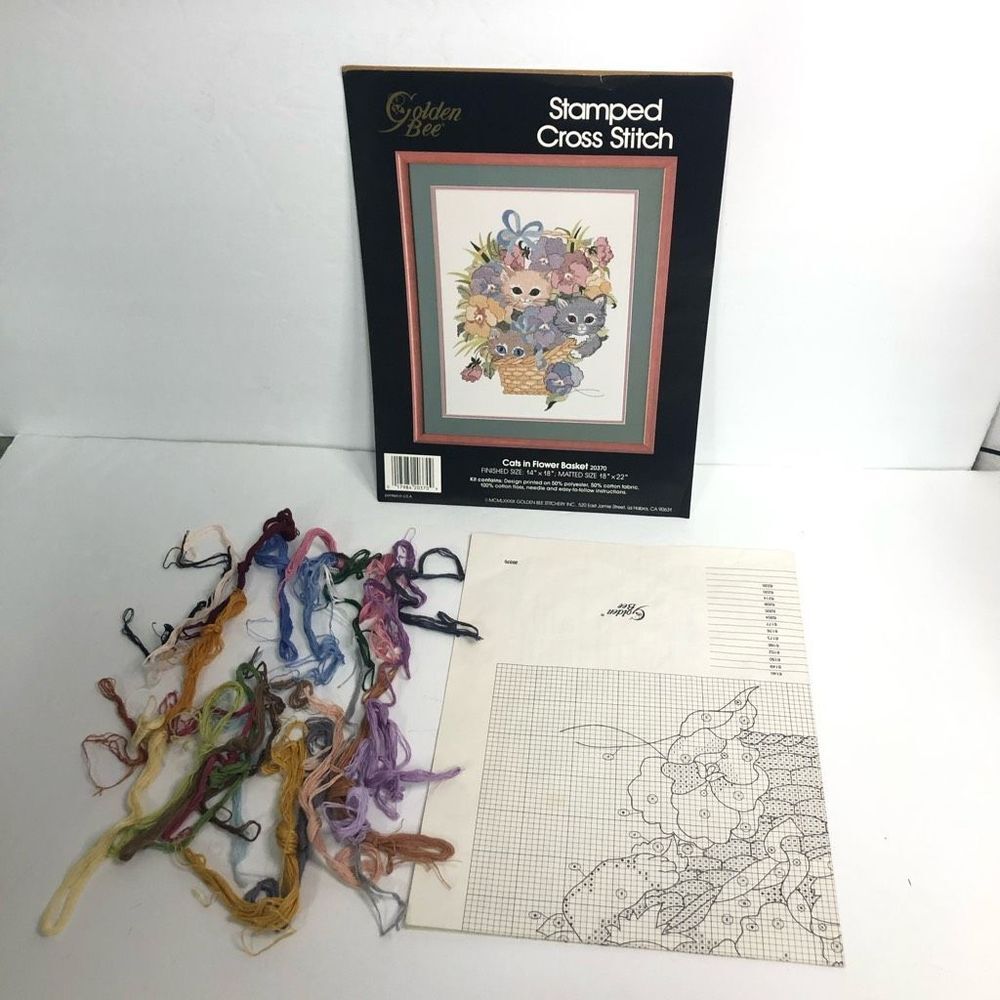 golden bee cross stitch cats in flower basket thread/‎ floss instructions only